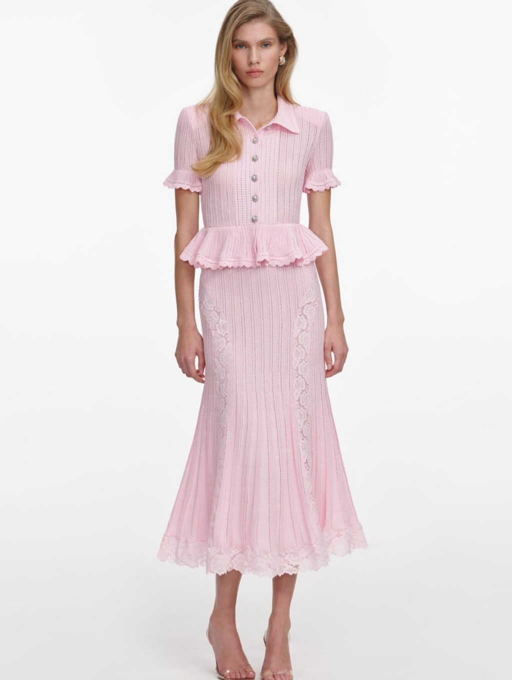 Self Portrait Pink Pointelle Peplum Knit Midi Dress